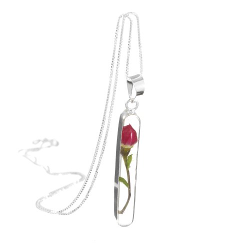 pendentif femme bourgeon de rose Bijoux en argent avec fleurs v/éritables forme longue 45cm chaine inclus