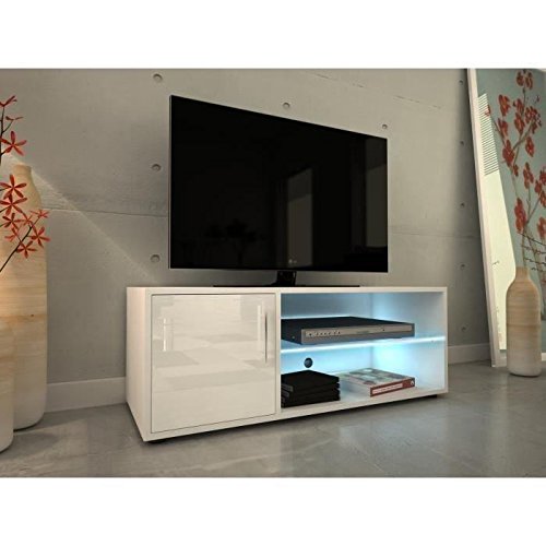 L 100 cm KORA Meuble TV contemporain avec éclairage LED laqué blanc 