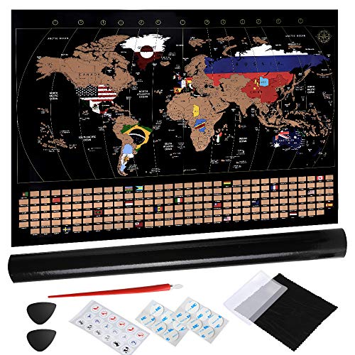 Anpro Carte du monde à gratter 80 x 58 cm avec drapeaux de campagne détaillés avec kit daccessoires et tube cadeau pour les amoureux de voyage 