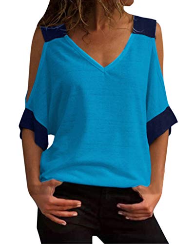 Minetom Femme T-Shirt Col V Manches Longues Tee Shirts Chic Bloc de Couleur Chemisier Casual Blouse Basique Hauts Tops