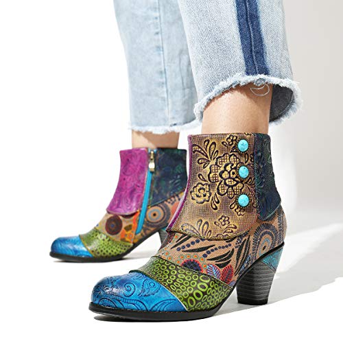 Camfosy Bottines Cuir Femmes Talons Chaussures de Ville Hiver à Talons Hauts Confortable Bottes Santiags Habillé Zip Boots Originales Bohème Colorées 2019 