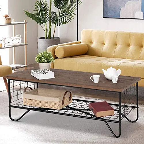 COSTWAY-Table-Basse-Table-Salon-Rtro-Vintage-en-Mtal-et-MDF-Style-Industrielle-Surface-Impermable-avec-tagre-de-Rangement-105x50x415-CM-0-1 COSTWAY Table Basse Table Salon Rétro Vintage en Métal et MDF Style Industrielle Surface Imperméable avec Étagère de Rangement 105x50x41,5 CM