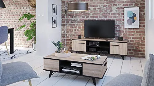 Demeyere-Table-Basse-Design-Style-Industriel-Idal-pour-Votre-Coin-Salon-TV-2-Niches-et-2-Tiroirs-Coulissants-Collection-Wayne-Chne-BrosseNoir-Mat-L-1066-cm-x-P-501-cm-x-H-352-cm-0-0 Demeyere Table Basse Design Style Industriel-Idéal pour Votre Coin Salon TV-2 Niches et 2 Tiroirs Coulissants-Collection Wayne, Chêne Brosse/Noir Mat, L 106,6 cm x P 50,1 cm x H 35,2 cm
