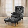Fauteuil de à Oreilles Chesterfield Similicuir ~ Noir avec Pouf