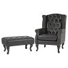 Fauteuil de à Oreilles Chesterfield Similicuir ~ Noir avec Pouf