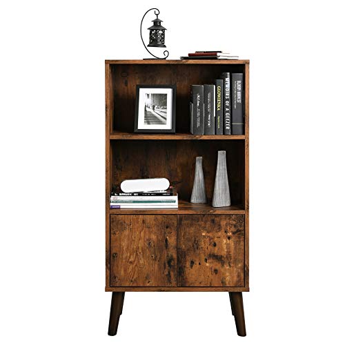 VASAGLE Bibliothèque Rustique, Étagère de Rangement à 3 Niveaux, avec Portes, pour Livres, Photos, Décorations dans Salon, Bureau, Bibliothèque, Style Moderne du Milieu du siècle, Brun LBC09BX