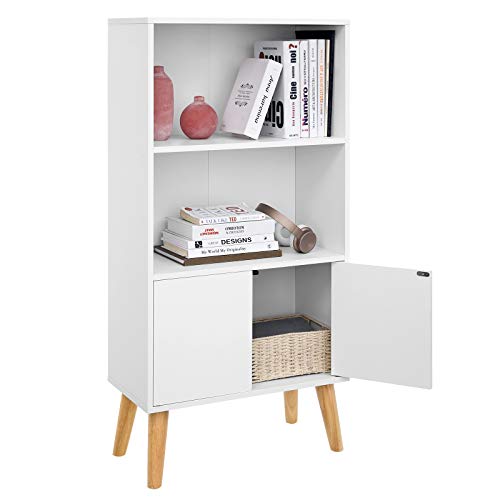 VASAGLE Bibliothèque, Étagère de Rangement à 3 Niveaux, avec Portes, pour Livres, Photos, Décorations dans Salon, Bureau, Bibliothèque, Style Moderne, Blanc LBC09WT