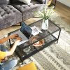 VASAGLE Table Basse, avec Plateau en Verre trempé, Table de Salon, Étagère à Motif Fleurs, Cadre en Fer, Bout de canapé, Résistance testée par SGS, Décoration, Noir LGT11BK
