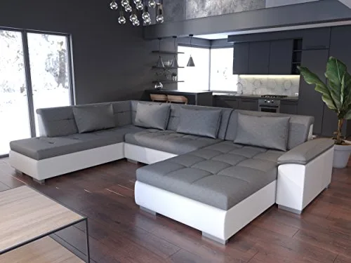tendencio Grand canapé d'angle panoramique Convertible Lemon Angle Gauche 6 à 7 Places Tissu Simili Cuir