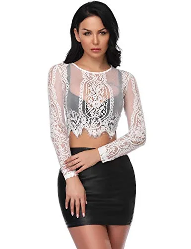 Abollria Top Dentelle Sexy Transparent Haut T-Shirt Femme en Résille Perspectif Manches Longues Crop Top Mesh Col Rond Chemise Slim Fit Babydolls Soirée