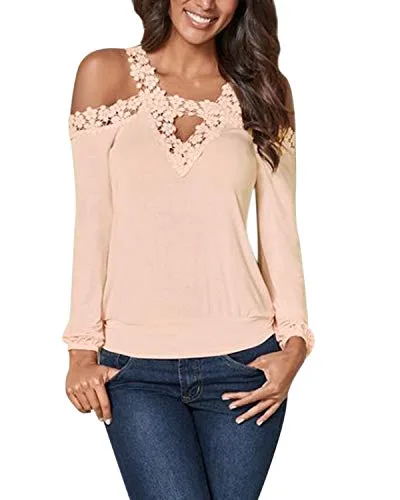CNFIO Haut Sexy Femme Top Dos Nu Femme Sexy Tshirt Femme Manche Longue Top Dentelle Femme Blouse Épaules Dénudées Col V