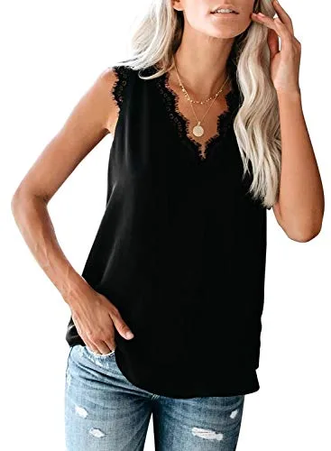 Dokotoo Débardeur Femme Sexy Dentelle sans Manches Col V Haut Moulante Chic Tops Tee-Shirt Mode Casual S-XXL