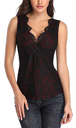 MISS MOLY Débardeur Dentelle Femme Chemise Haut Sexy Chic sans Chemisier Manches à Col V Profond Tank Top