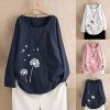 VJGOAL T-Shirt Femme Grande Taille Chic Pissenlit Imprimé Lin Coton Chemise Vintage Manches Longues T-Shirt Casual Confortable Hauts Col O Mode Printemps Automne Rue L'école Quotidien S-5XL
