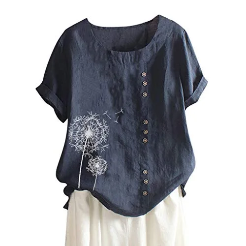 VJGOAL T-Shirt Femme Grande Taille Chic Pissenlit Imprimé Lin Coton Chemise Vintage Manches Longues T-Shirt Casual Confortable Hauts Col O Mode Printemps Automne Rue L'école Quotidien S-5XL