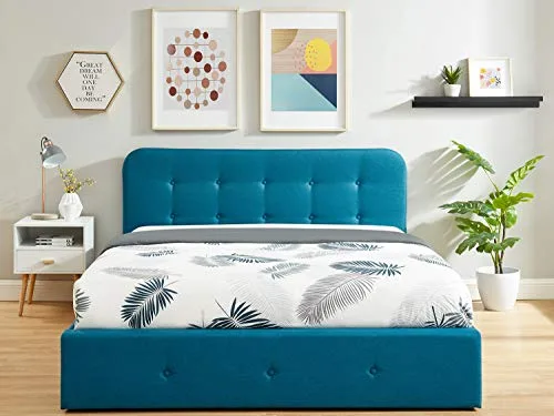 HOMIFAB Lit Coffre 160x200 cm Bleu Canard avec tête de lit + sommier à Lattes - Collection Kate