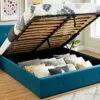 HOMIFAB Lit Coffre 160x200 cm Bleu Canard avec tête de lit + sommier à Lattes - Collection Kate