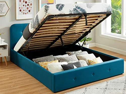 HOMIFAB Lit Coffre 160x200 cm Bleu Canard avec tête de lit + sommier à Lattes - Collection Kate