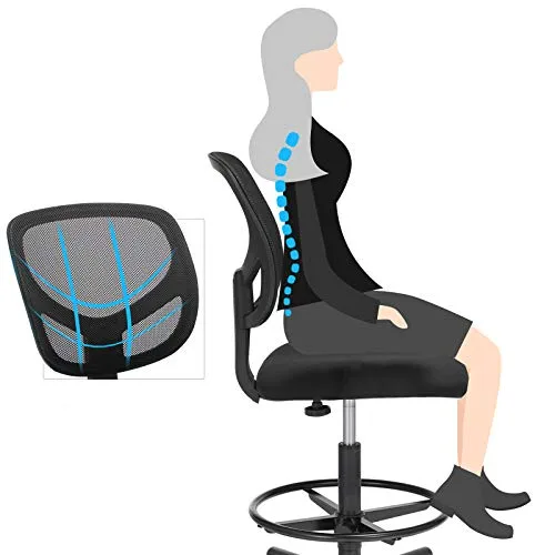SONGMICS Tabouret avec Repose-Pieds Circulaire, Hauteur réglable, Siège Ergonomique Rotatif, Fauteuil de Bureau sans accoudoirs, Revêtement de l'Assise en Tissu, Charge maximale 120 kg, Noir OBN15BK