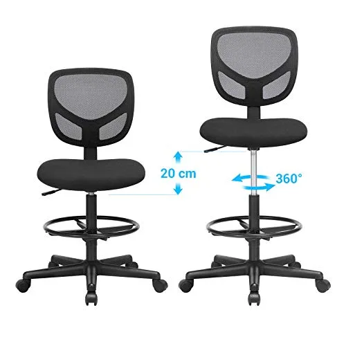 SONGMICS Tabouret avec Repose-Pieds Circulaire, Hauteur réglable, Siège Ergonomique Rotatif, Fauteuil de Bureau sans accoudoirs, Revêtement de l'Assise en Tissu, Charge maximale 120 kg, Noir OBN15BK