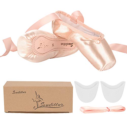 Chaussure de Danse de Pointe Chaussures de Ballet en Satin Rose avec Capuchons d'orteils Protecteurs et Ruban pour Femme Fille 