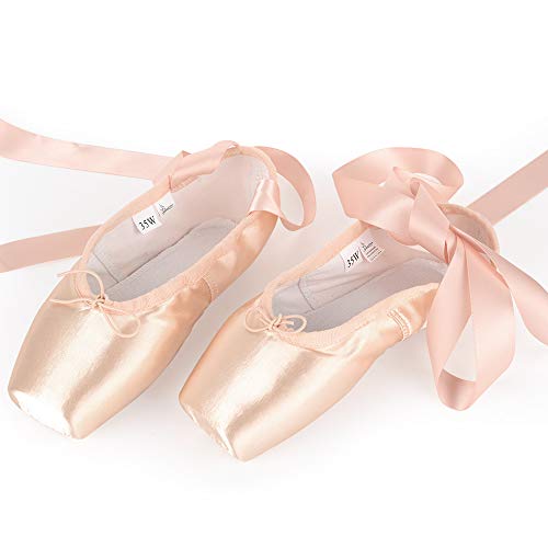 VCIXXVCE Chaussures de Ballet de Pointe pour La Danse Classique en Rose avec Rubans de Satin et Protège-Orteils pour Ballerines Femme Fille Prendre Une Taille au Dessus
