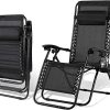 Femor Lot de 2 Transat Pliable avec Table d'appoint, Chaise Longue Pliante avec Porte-gobelet et Coussin de Tête Téglable, Ergonomique et Respirante, Structure en Acier, Noir