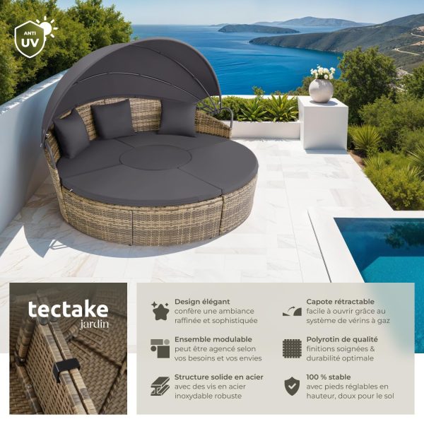 Bain de soleil modulable TecTake Santorin en résine tressée 800718 avec pare-soleil pliable