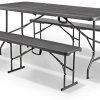 Femor Ensemble Table et Bancs Pliants, Meubles de Jardin, Table Femor Ensemble Table et Bancs Pliants, Meubles de Jardin, Table de Camping et 2 Bancs Pliants,avec Poignées, Panneau en Plastique HDPE, Imperméable, avec Cadre en Acier,Imitation de Grain de Bois,Gris