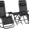 Femor Lot de 2 Transat Pliable avec Table d'appoint, Chaise Longue Pliante avec Porte-gobelet et Coussin de Tête Téglable, Ergonomique et Respirante, Structure en Acier, Noir