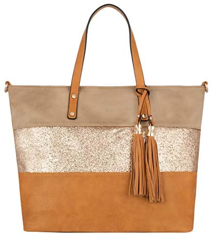 CRAZYCHIC - Sac à Main Paillette Femme - Cabas Fourre-Tout CRAZYCHIC - Sac à Main Paillette Femme - Cabas Fourre-Tout Cuir PU Souple - Sac Porté Epaule Bandoulière Patchwork Multicolore Grande Capacité - Ville Shopping Cours Travail Plage - Marron Camel