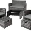 TecTake Salon de Jardin en Résine tressée, avec 1 Canapé TecTake Salon de Jardin en Résine tressée, avec 1 Canapé 2 Fauteuils 2 Tabourets et 1 Table, Coussins Inclus