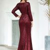 Ever-Pretty Fendue Robe de Soirée à Paillettes Manches Longues Femme Col en V Élastique 00824