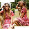 51CfydZkN9L._AC_.jpg Abravo Femme Mini Robe Ete Bohème Robe de Vacances Robe de Plage Col V Florale Courte avec Ceinture
