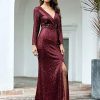 Ever-Pretty Fendue Robe de Soirée à Paillettes Manches Longues Femme Col en V Élastique 00824