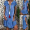 51XAzWfoXwL._AC_.jpg Minetom Robe Été Femme de Plage Rétro Robes Col V Lin Robes Chic Manches Courte Unie Casual Tuniques T-Shirt Dress
