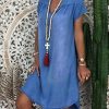 51i1MTbU8KL._AC_.jpg Minetom Robe Été Femme de Plage Rétro Robes Col V Lin Robes Chic Manches Courte Unie Casual Tuniques T-Shirt Dress