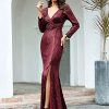 Ever-Pretty Fendue Robe de Soirée à Paillettes Manches Longues Femme Col en V Élastique 00824