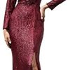 Ever-Pretty Fendue Robe de Soirée à Paillettes Manches Longues Femme Col en V Élastique 00824
