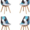 Lot de 4 chaises de salle à manger ergonomiques simples en coton et lin Patchwork bois massif Coussin éponge pour cuisine, salon, bureau (bleu, 4)