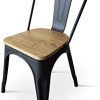 Kosmi - Lot de 4 Chaises Noires en métal et Bois Clair Style Industriel Factory en métal Noir Mat et Assise en Bois Clair