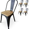 Kosmi - Lot de 4 Chaises Noires en métal et Bois Clair Style Industriel Factory en métal Noir Mat et Assise en Bois Clair