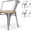 Kosmi - Lot de 4 chaises en métal Brut Style Kosmi - Lot de 4 chaises en métal Brut Style Industriel Factory en métal Brut et Assise en Bois Naturel Clair, Fauteuils industriels avec accoudoirs