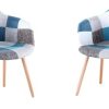 Lot de 2/4/6 chaises de salle à manger style moderne en lin patchwork avec pieds en hêtre massif pour chambre à coucher, cuisine, salon (bleu, 2)