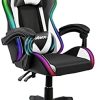 Todeco Chaise Gaming Massage avec Lumière LED Fauteuil de Bureau Pivotant Ergonomique Dossier Haut Dossier et Hauteur de Siège Règlable Chaise Gamer avec Appui-Tête Massage Support Lombaire, Blanc