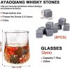 Ensemble de Verres à Whisky - Coffret Cadeau Bois - 8 Glaçons en Pierre Réutilisables - Lot de 2 Verres Cristal à Bar pour Homme & Femme - 2 Dessous-Verres - Idée Cadeau pour Tous Festivals.