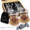 Ensemble de Verres à Whisky - Coffret Cadeau Bois - 8 Glaçons en Pierre Réutilisables - Lot de 2 Verres Cristal à Bar pour Homme & Femme - 2 Dessous-Verres - Idée Cadeau pour Tous Festivals.