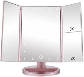 EASEHOLD Miroir Maquillage Lumineux LED Tri-Pli 21 LED 180° Batterie USB Grossissement 2x3x - Rose d'or