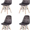 Mid-Century Lot de 4 chaises de cuisine modernes ergonomiques avec pieds en bois de hêtre pour salle à manger avec boucle pour le salon, la chambre à coucher (gris – tissu velours)
