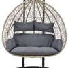 [en.casa] Siège Suspendu 2 Places Panier Cadre Coussins Fauteuil Zen pour Intérieur Extérieur Support Solide Acier Housse Amovible Polyester Capacité 250 kg Polyrotin Hauteur 195 cm Marron Gris Foncé